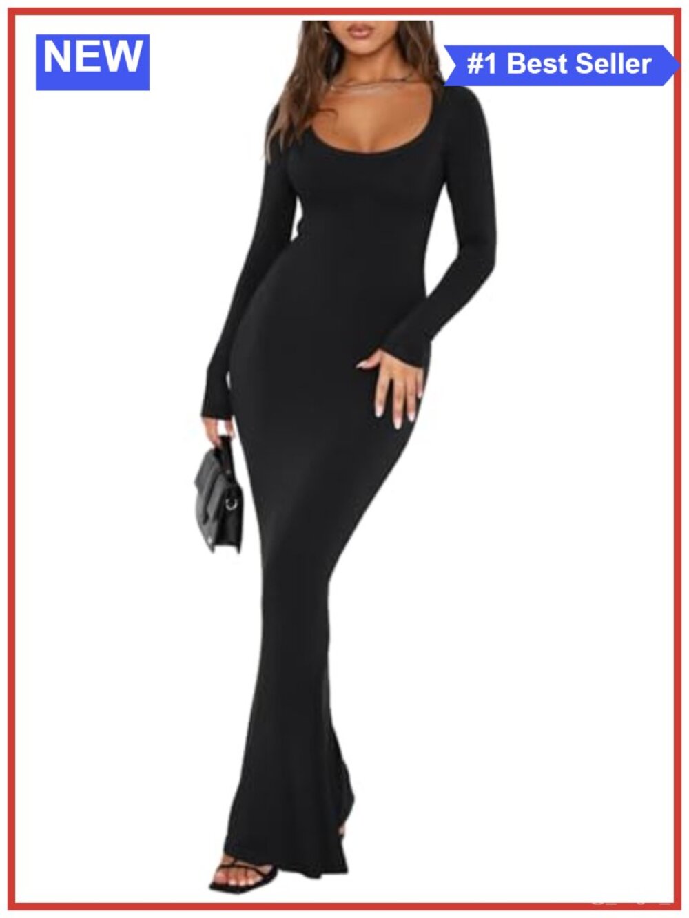 REORIA Women's Square Neck Long Sleeve Bodycon Maxi Dress Ribbed Modal Casual